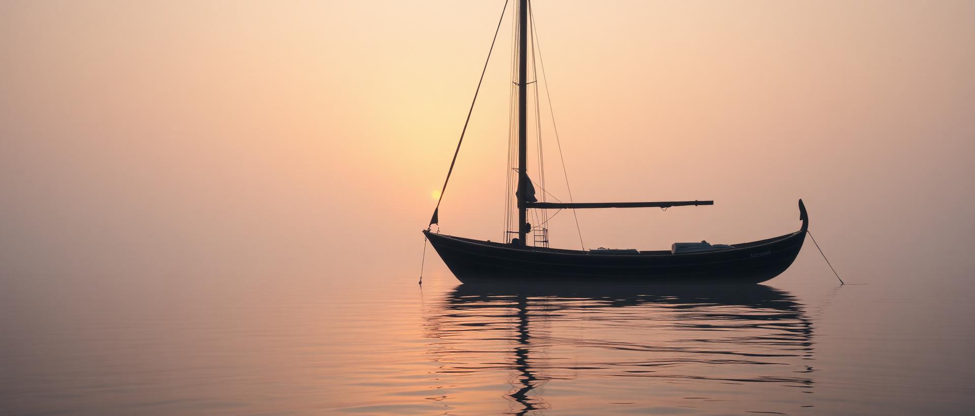 A wooden sailboat resting on a calm, misty sea at dawn