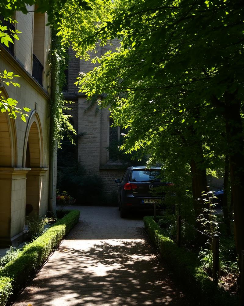A quiet path through an ancient cathedral garden