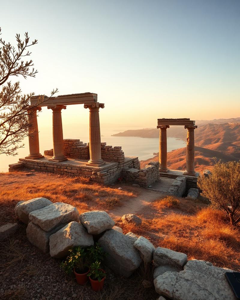 Ancient ruins overlooking the Sea of Galilee at golden hour