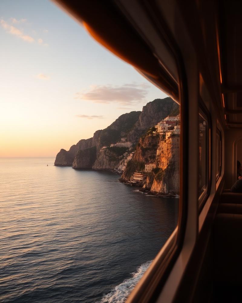 Amalfi coast seen from a ship window at dusk